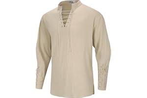 LVCBL Mens Medieval Pirate Style Lace-Up Linen Blend Long Sleeve Shirt for Men Stand Collar Relaxed Fit Casual Vintage Top