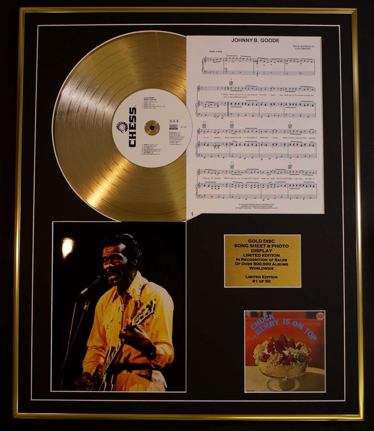 CHUCK BERRY/CD GOLD DISC, SONG SHEET & PHOTO DISPLAY/LTD. EDITION/COA/ALBUM, CHUCK.BERRY ON TOP/SONG SHEET, JOHNNY B. GOODE
