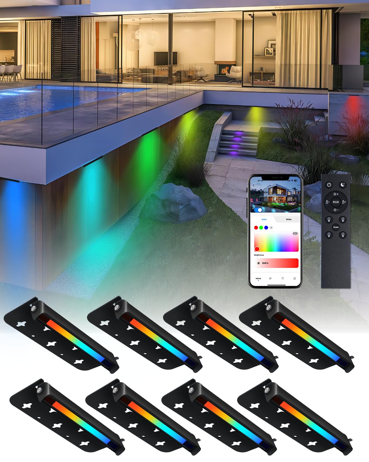 Photo 1 of Raxjov 8 Pack 7 Inch RGBCW Retaining Wall Lights, 5W Smart LED Hardscape Lighting with Remote Control, 16 Million Colors 12V AC/DC Low Voltage Step Lights Outdoor, IP65 Waterproof Landscape Lighting