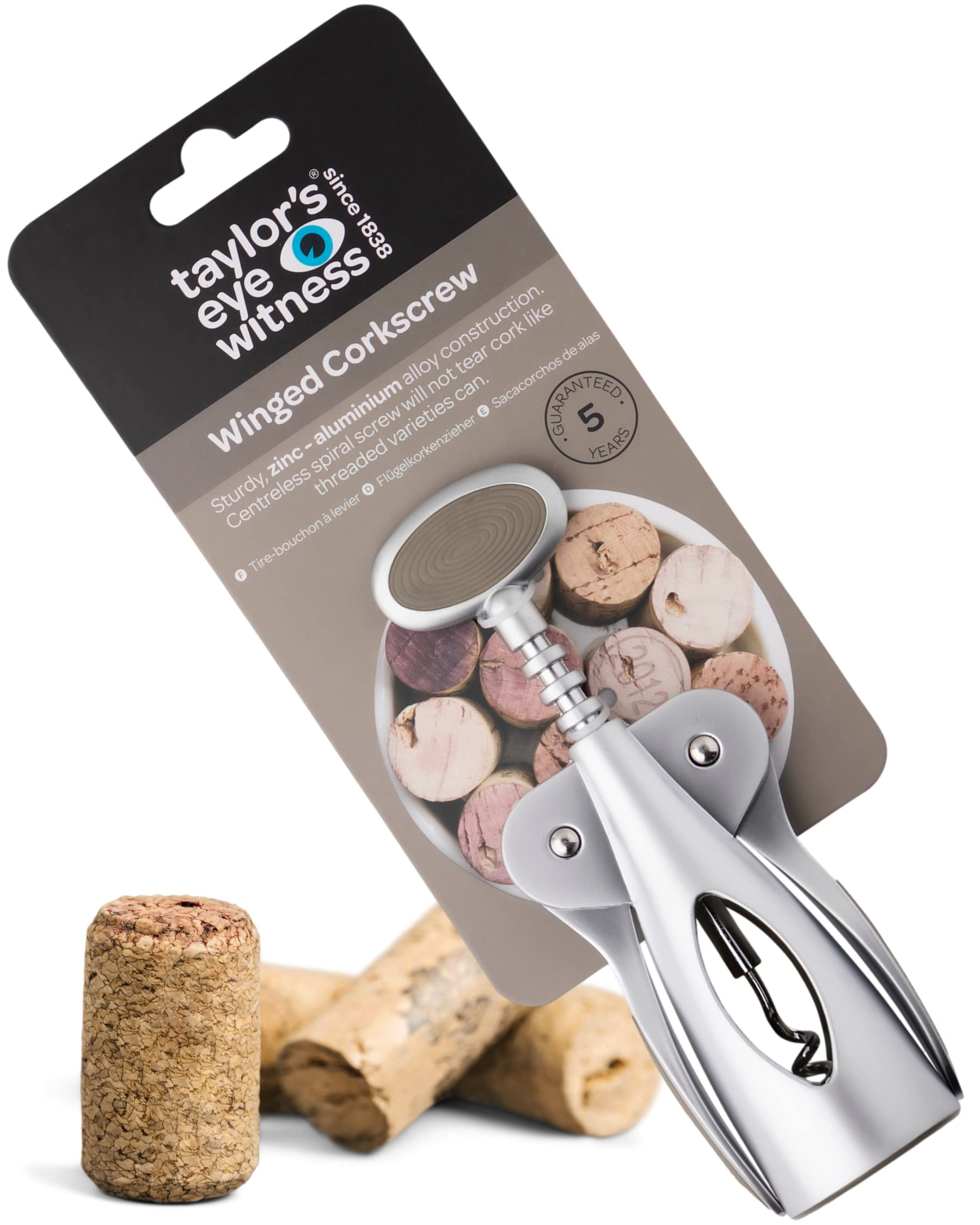 Spiral Corkscrew Wine Bottle Opener- by Taylors Eye Witness, Easy to Use, Guaranteed to Cleanly Remove Cork Without Tearing, Dishwasher Safe, Essential Kitchen Gadget for Wine Lovers, Grey