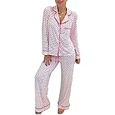 Comulish 2 Piece Pajama Set Women Valentin's Day Pjs Set Cute Heart Print Button Down Shirt+Pants Set Lounge Wear