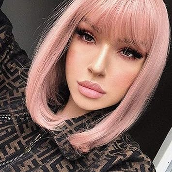 Amazon Com Uqinz Short Straight Pink Bob Wig With Bangs Synthetic