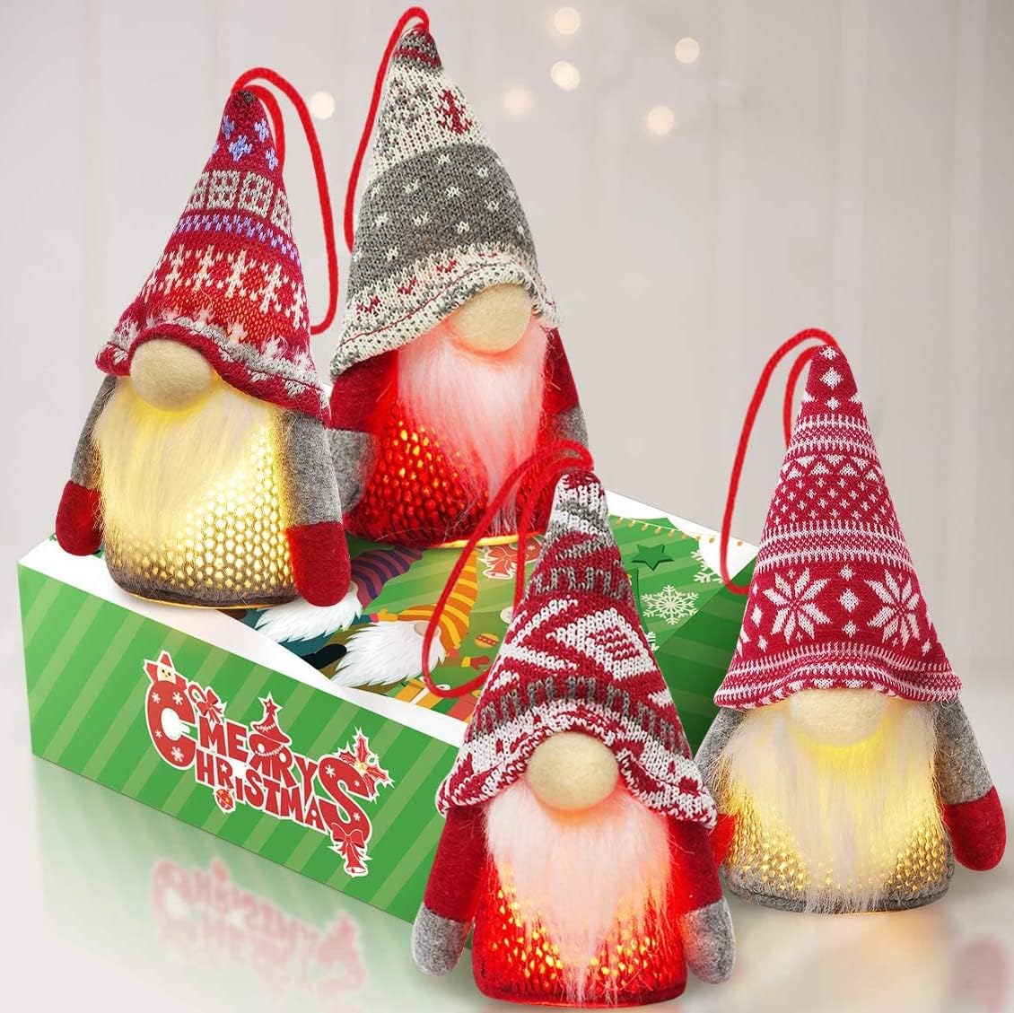 Ornaments - KMUYSL Christmas Gnome Ornaments, 4Pack Christmas Tree Decorations Handmade Swedish Santa Gnomes Ornaments Lights Scandinavian Plush Elf Table Home Decor, Christmas Tree Hanging Decoration