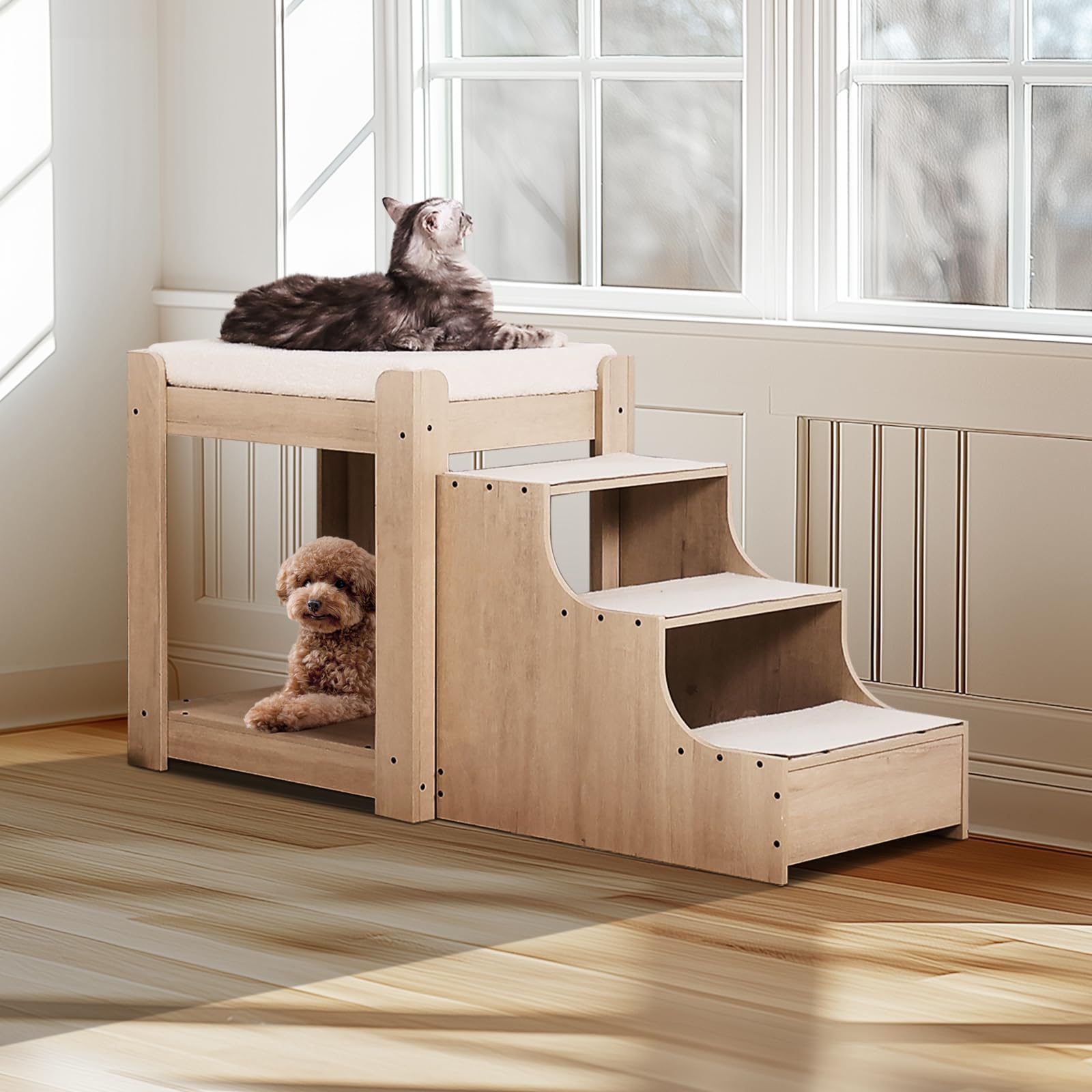 VEVOR Etagenbett für Haustiere mit Treppe, Fenstersitz für Hunde/Katzen, mehrstufiges Bett, Hundebettschläfer, Lounge-Sitzplattform mit Schaumstoffkissen, Haustierbettcouch 120x50x65cm (Beige) 8