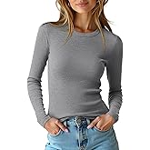Womens Long Sleeve Shirts Crew Neck Ribbed Knit Slim Fit Casual Top Basic Tee Shirt Workout Outfits