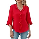 MIRALUNA Womens 3/4 Length Sleeve Tops Blouses V Neck Cute Ruffle Dressy Casual Business Work Shirts