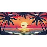 UEQIKI Front License Plate Sunset Palm Trees Vanity Plates Aluminum Metal Decorative Car Tag Flowers Rainbow Beach Novelty License Plate Cover for Men Women 6 * 12 in (4 Holes)