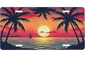 UEQIKI Front License Plate Sunset Palm Trees Vanity Plates Aluminum Metal Decorative Car Tag Flowers Rainbow Beach Novelty License Plate Cover for Men Women ‎6 * 12 in (4 Holes)