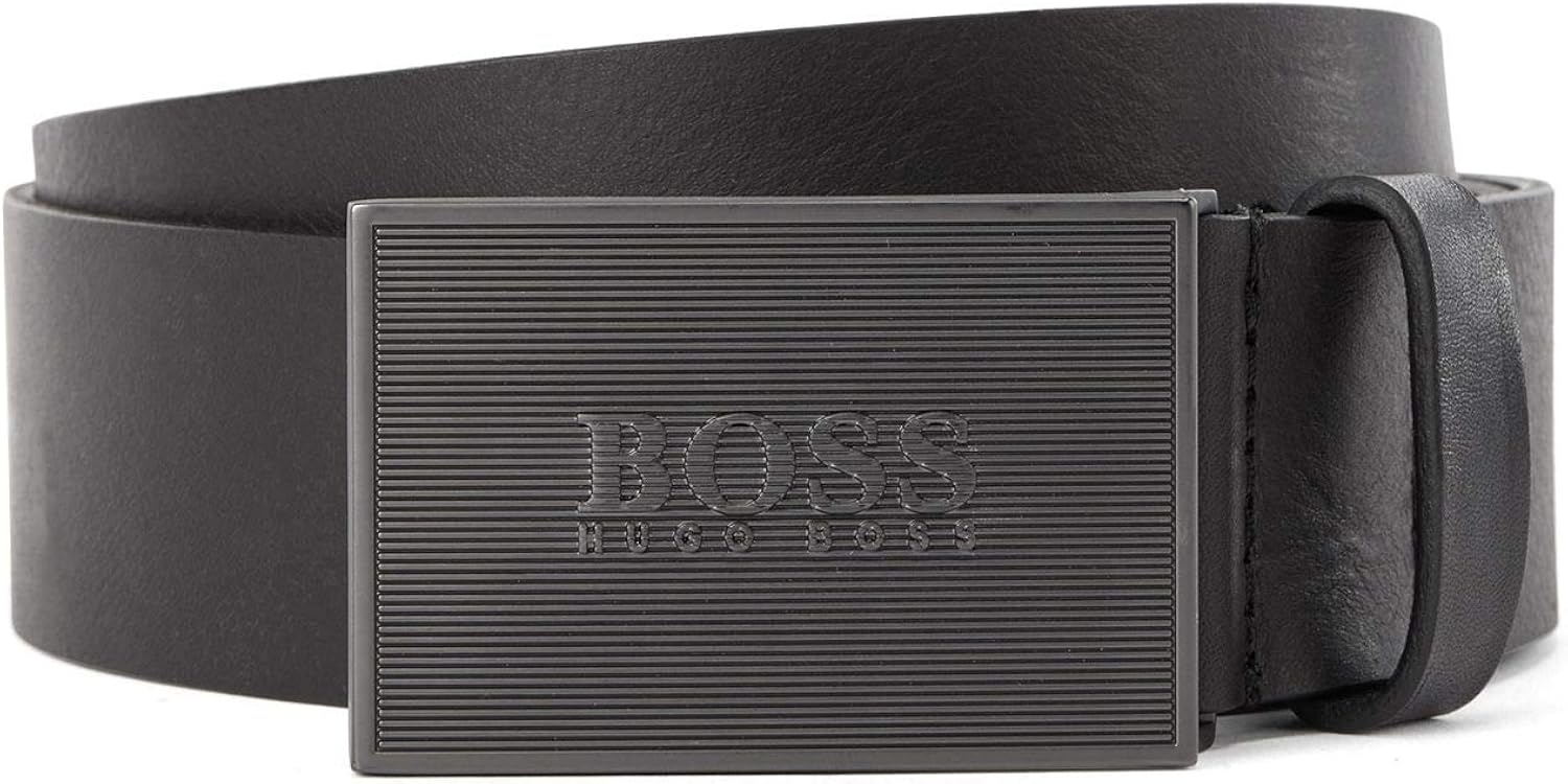 HUGO Herren Gürtel Giaspo Gr. 40 – Genarbtes Leder Mit Logo-Prägung, Silberne Details