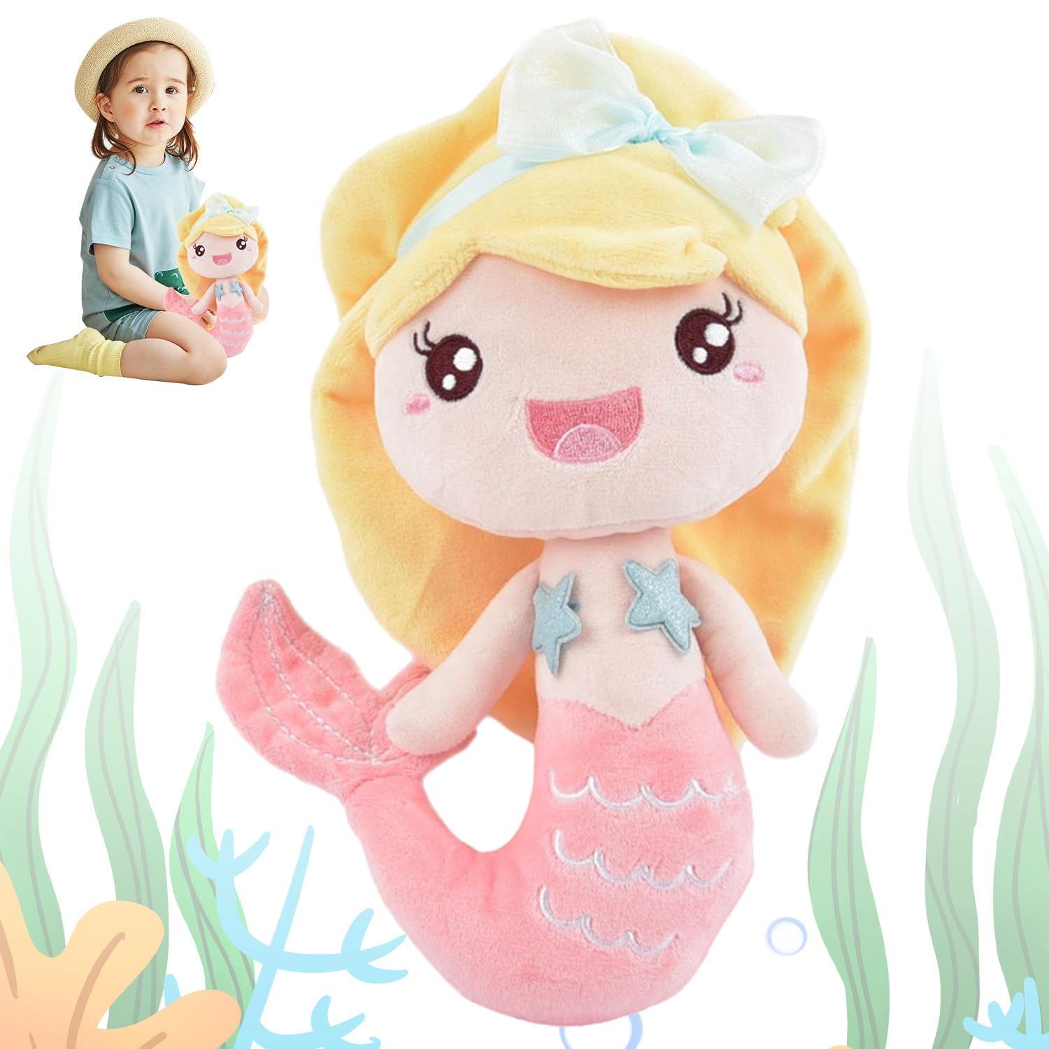 WELLXUNK Mermaid Stuffed Doll for Kids, Mermaid Soft Toy, Mer-maid Plush Toys for Boys Girls Kids（Pink ）