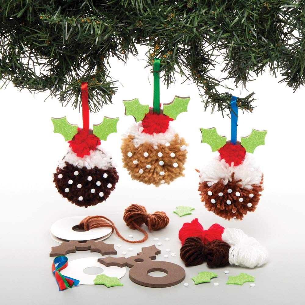 Baker Ross Christmas Pudding Pom Decoration Kits, Festive Arts and Crafts (Pack of 3), Pudding