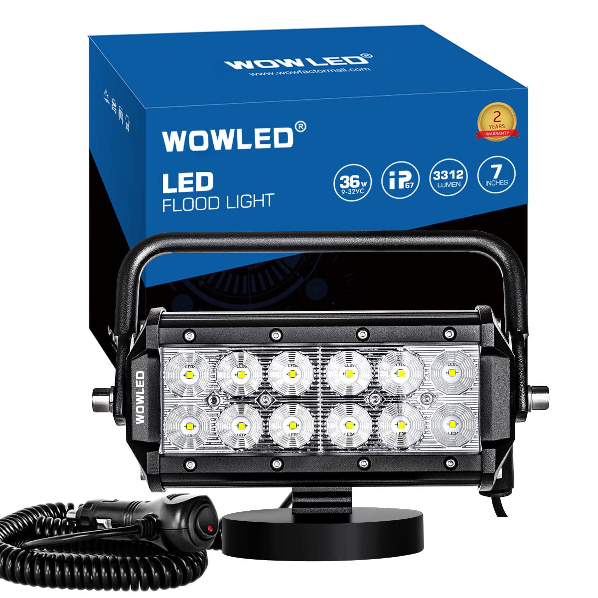WOWLED Portable 36W Floodlight Magnetic Base LED Light Bar Offroad Driving Work Lamp Flood Beam for Truck Car Boat 4X4 Camp 12V 24V Fog Light