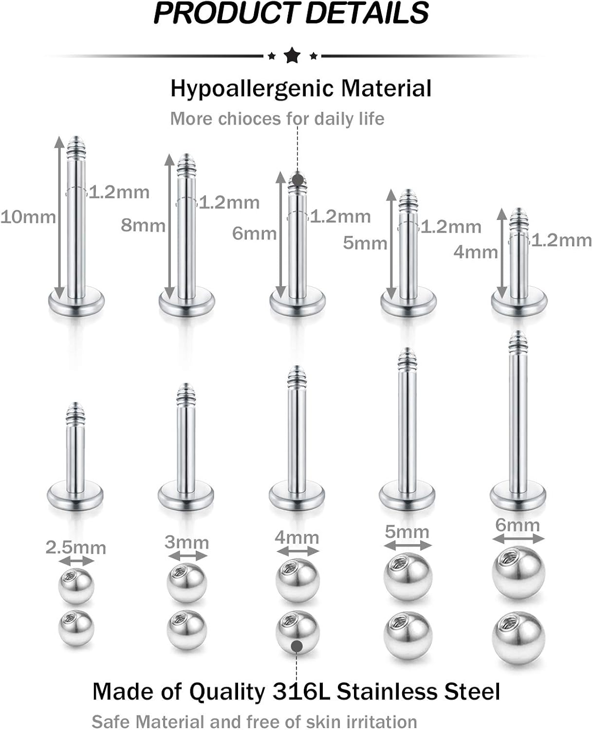 Longita 18G 16G Piercing Bars Barbell 4/5/6/8/10mm Lip Tragus Studs Labret Monroe Rings with Replacement Balls 2.5/3/4/5/6mm - Image 3