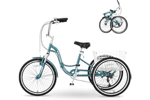 MOPHOTO Adult Folding Tricycle 7 Speed 20/24/26 Inch Adult Tricycles Three Wheel Bike Cruiser Trike with Low-Step Through Frame/Large Basket/Adjustable Seat
