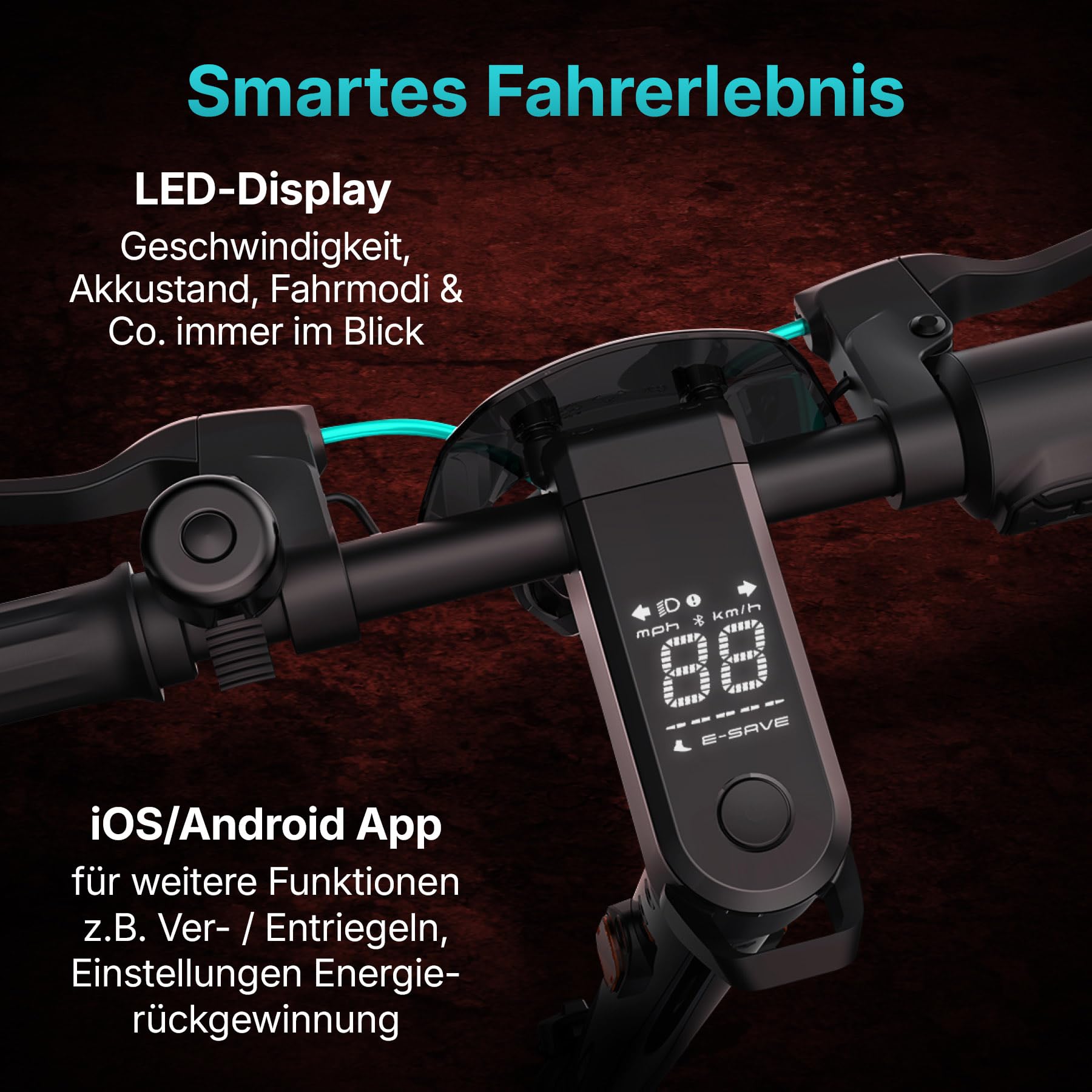 Odys Alpha X5 Pro E-Scooter mit Straßenzulassung und Blinker (20 km/h, 50 km Reichweite, 20% Steigung, 10,5'' Reifen, Display, App, klappbar) E-Roller mit Straßenzulassung Elektroscooter Elektroroller 5