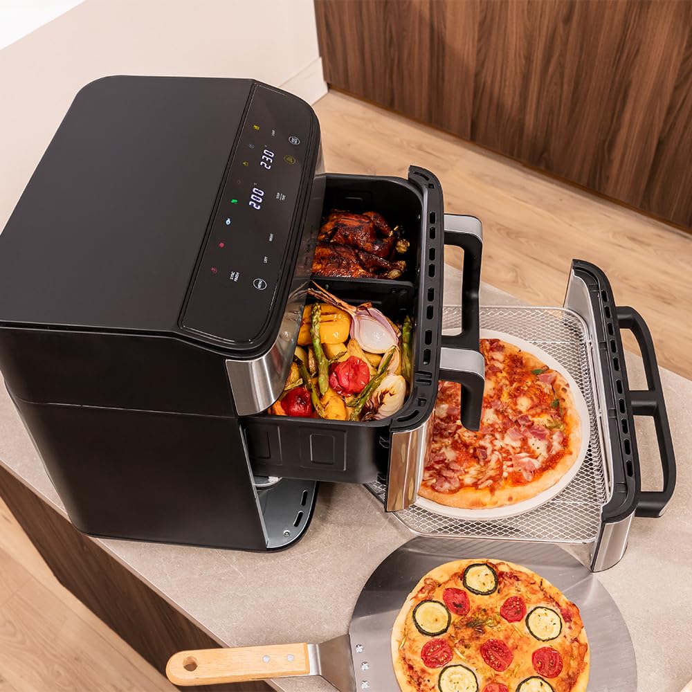 Cecotec Cecofry FoodCourt 18000 4Pizza Air Fryer 18 l Air Fryer 18000 4Pizza 2700 W, Backofen 30 cm, Temperatur max. 230 °C, 9 l Trennwand und 200 °C, Sync-Funktion, Pizzastein, Farbdisplay, Edelstahl 4