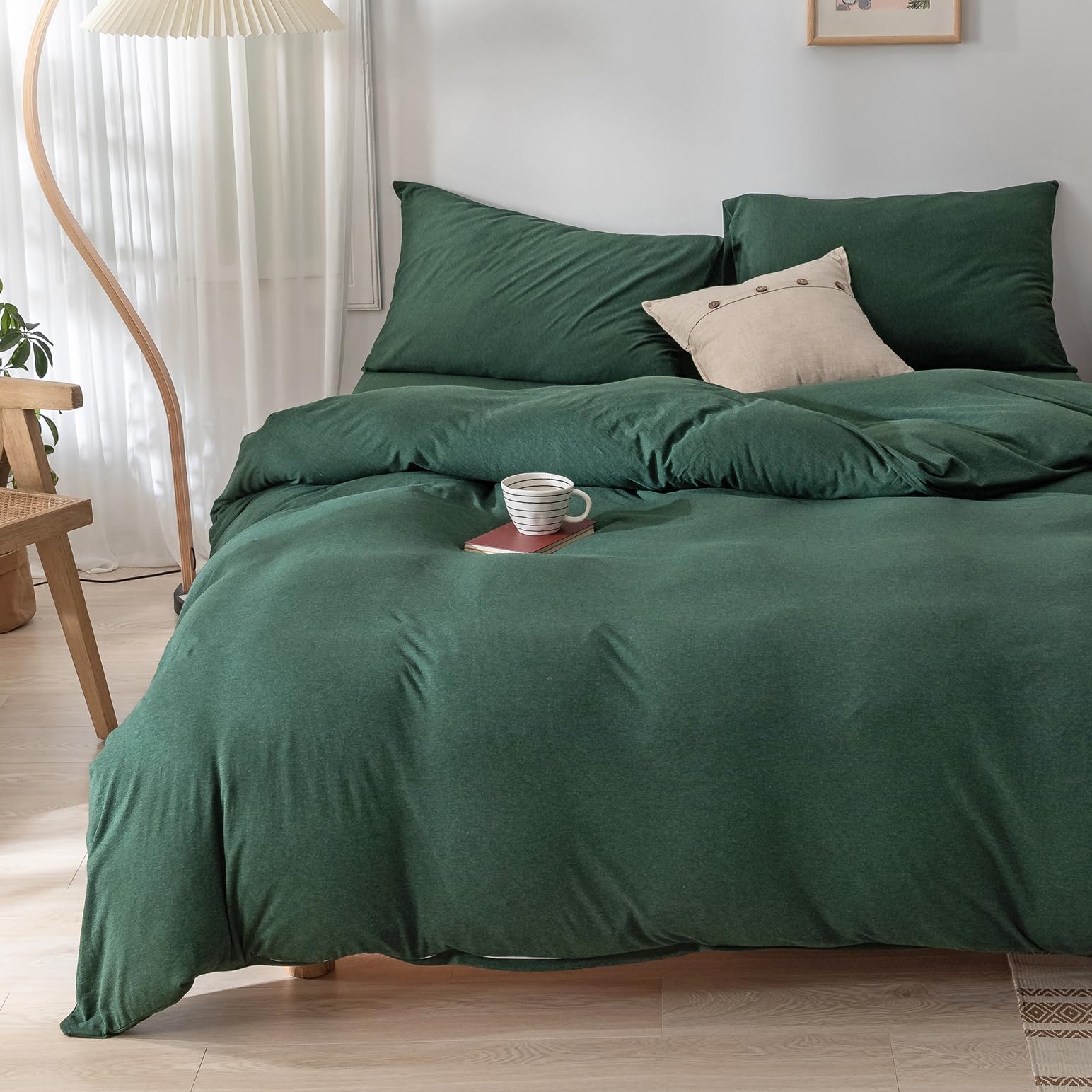 Photo 1 of DONEUS Jersey Knit Duvet Cover Set 100% T-Shirt Cotton Super Soft Comfy Natural Bedding Set 3 Piece with Zipper Closure, Solid Forest Green King Size