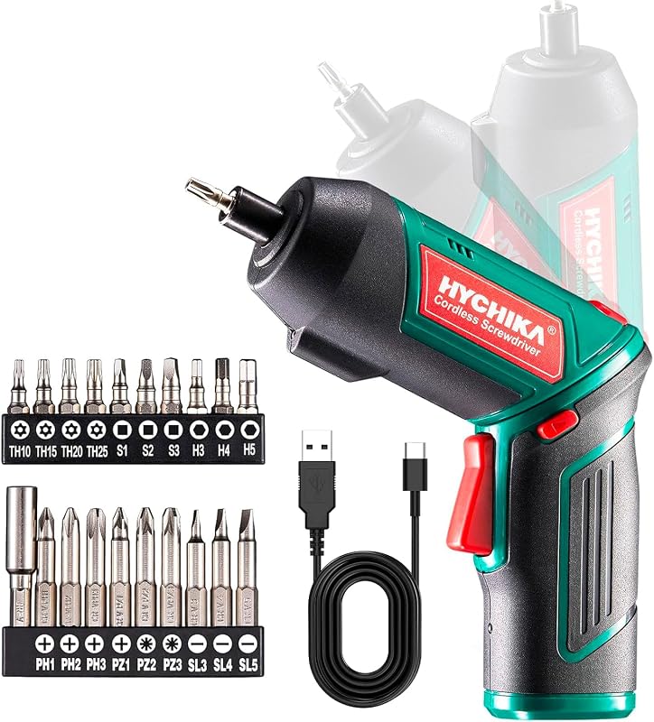 HYCHIKA Destornillador Eléctrico 6N.m, Atornillador Eléctrico Inalámbrico 3.6v Batería 2000mAh (Máximo Par 6 N.m) LED Luz, Mandril Magnétic, Cable USB, 20 Accesorios