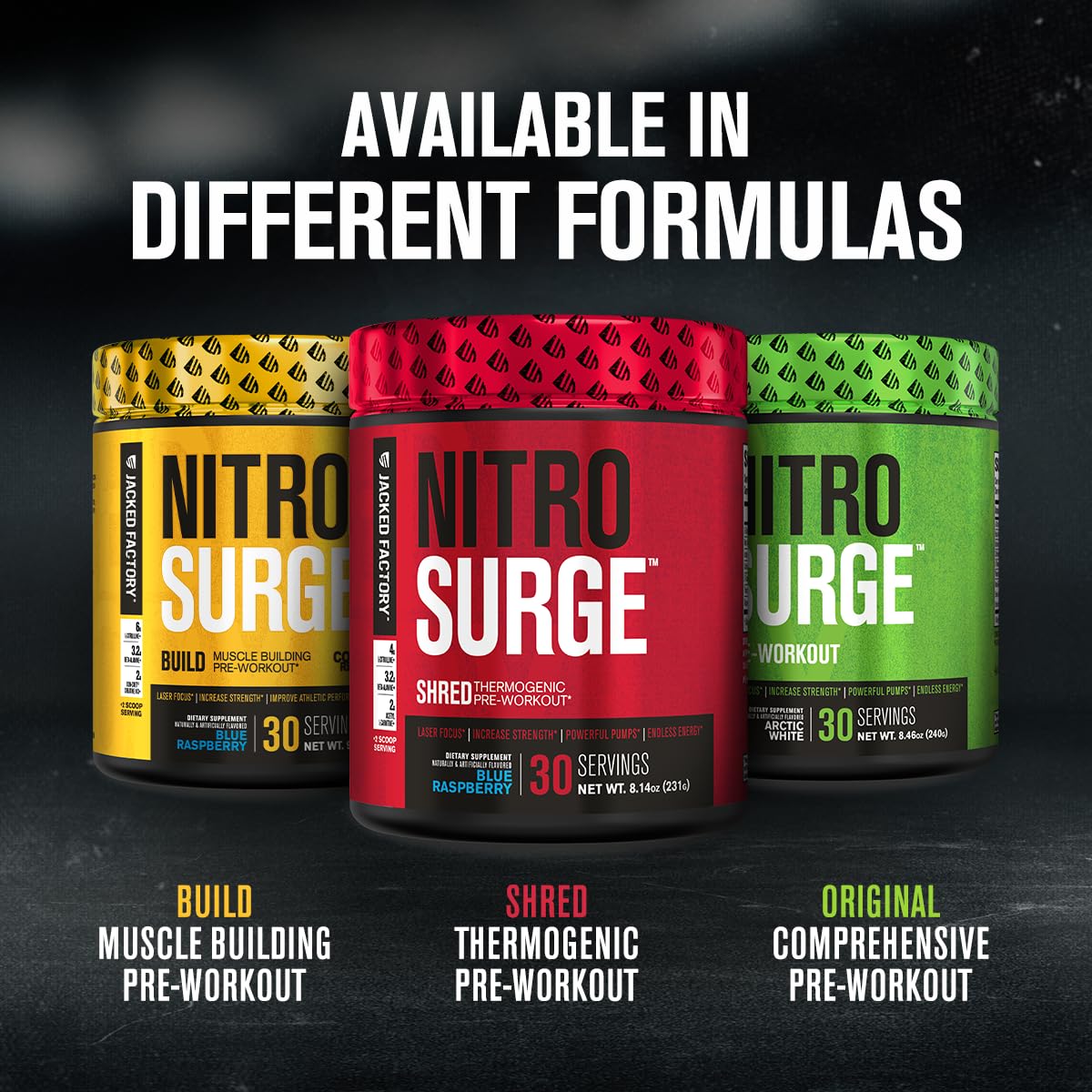 Jacked Factory NITROSURGE Shred Pre Workout Supplement - Energy Booster, Instant Strength Gains, Sharp Focus, Powerful Pumps - Nitric Oxide Booster & PreWorkout Powder - 30Sv, Blueberry Lemonade