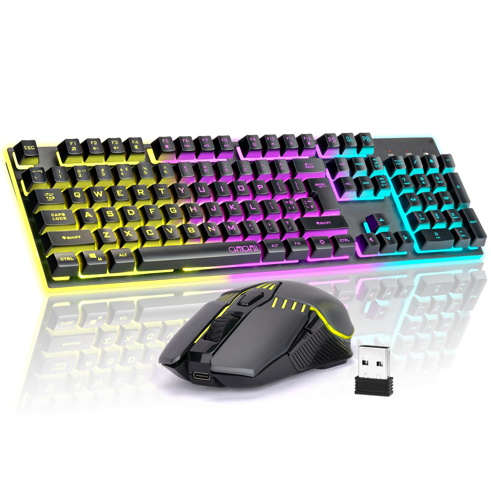Gaming Wireless Keyboard and Mouse, Rechargeable RGB Backlit, Metal Panel, Mechanical Feel Anti-ghosting Keyboard with Side Button for Computer PC Laptop Compatible with Windows Mac Ps4/Ps5 Xbox one