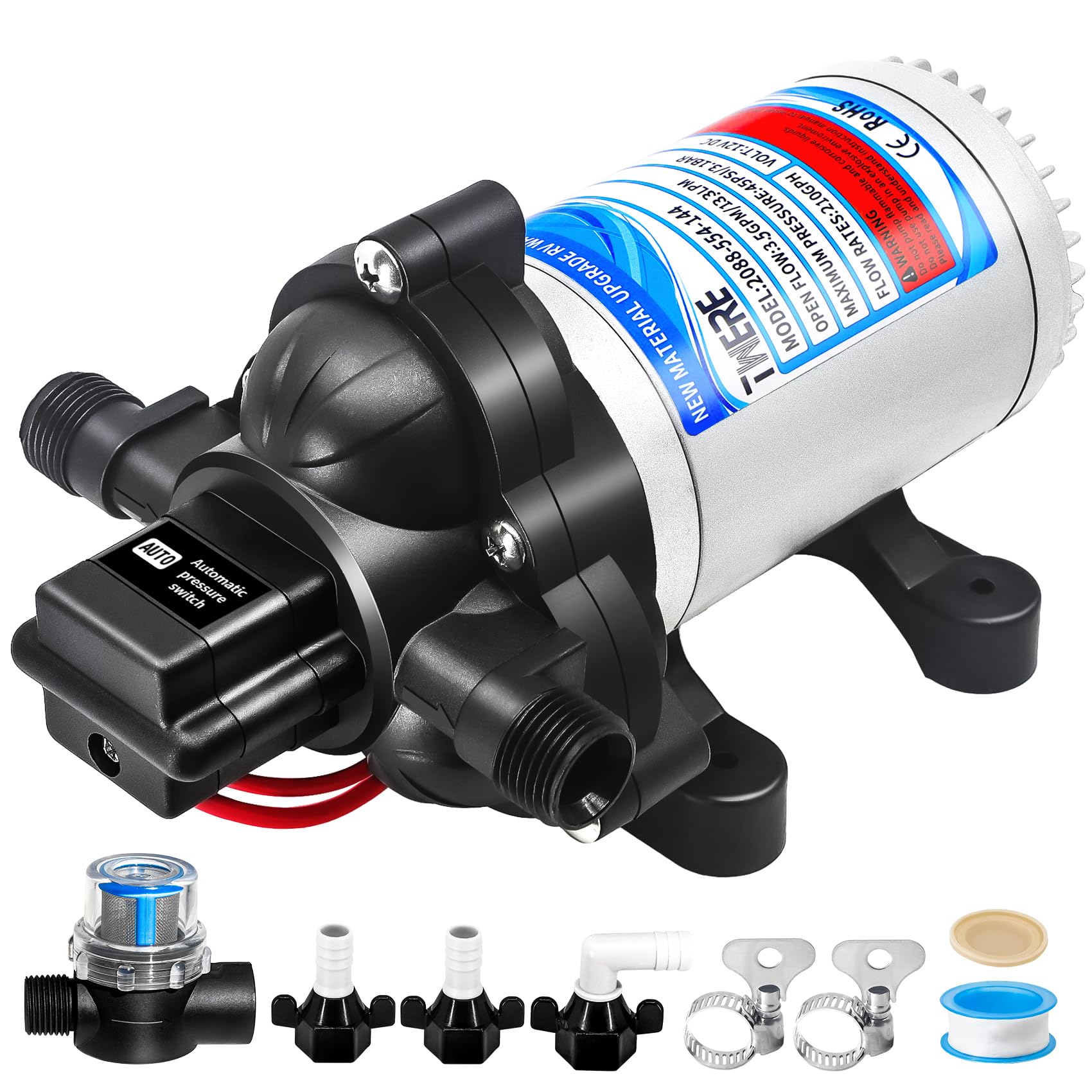 Photo 1 of 2088-403-144/2088-554-144 Diaphragm Pump,12 V 45 PSI RV Water Pump,3.5 Gallons Per Minute Fresh Water Pump with 1/2MNPT Connection for RV Marine Yacht