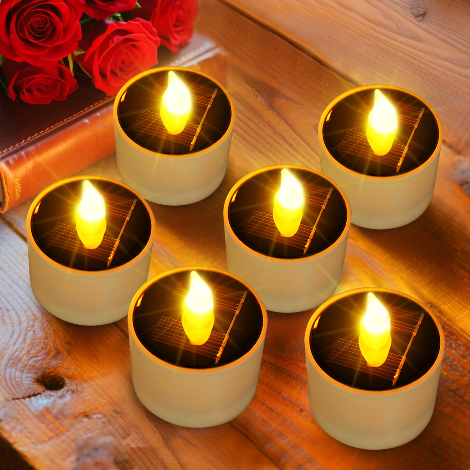 Photo 1 of ANGMLN 6pcs Solar Tea Lights Outdoor Waterproof, Flameless Flicker LED Solar Candles with Dusk to Dawn Sensor, Reuseable Tea Light Candles for Lantern Garden Camping Party Home Halloween Decor