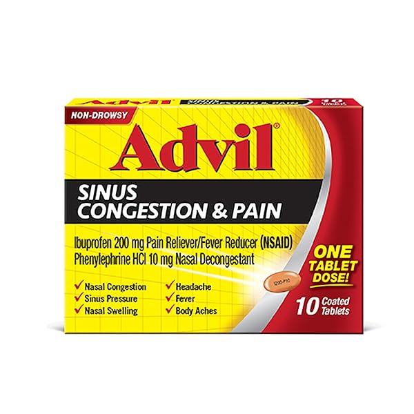 ADVIL SINUS CONGESTION AND PAIN, SINUS RELIEF MEDICINE, PAIN RELIEVER AND FEVER REDUCER WITH IBUPROFEN AND PHENYLEPHRINE HCL – 10 COATED TABLETS