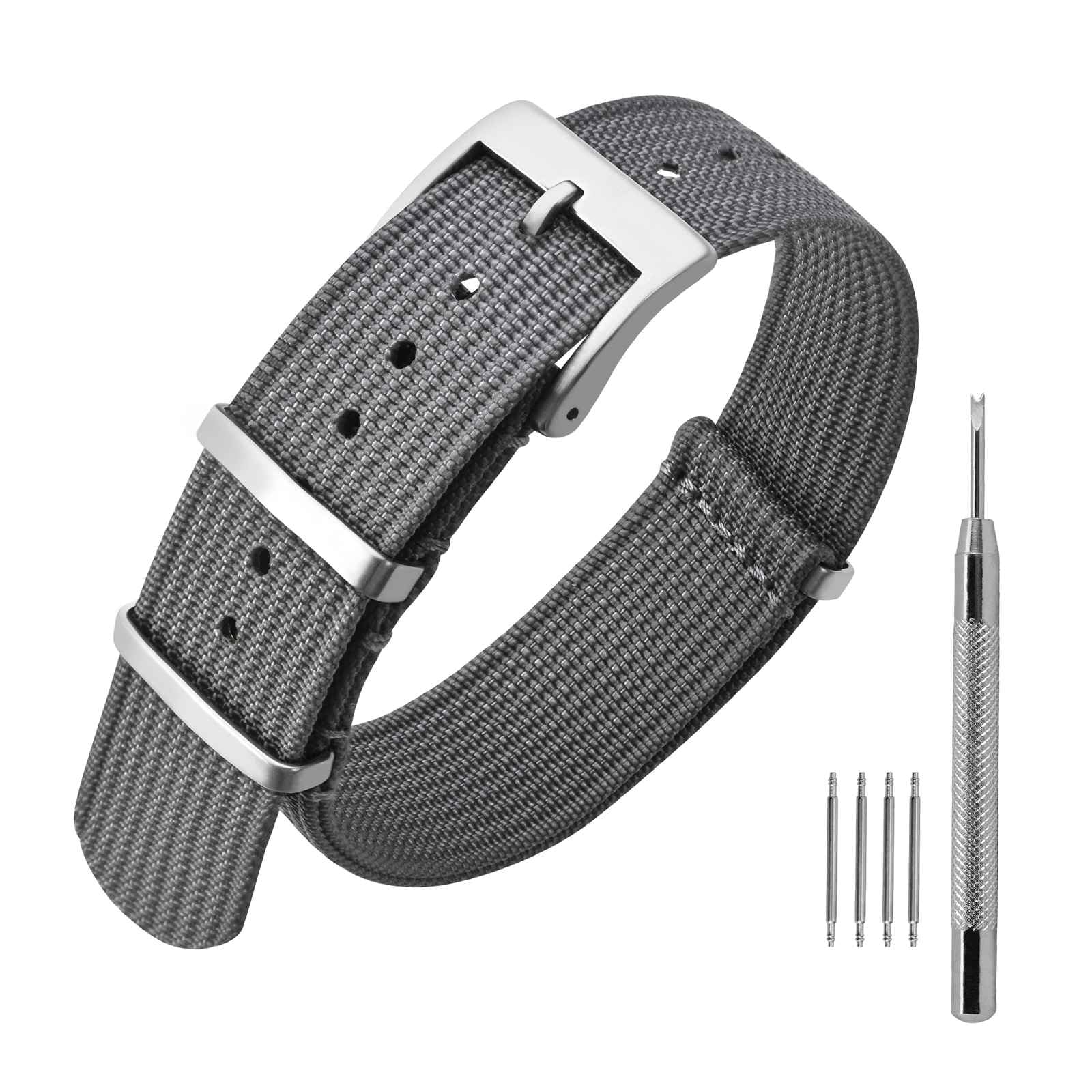 Photo 1 of ANNEFIT Nylon Watch Band 21mm, One-Piece Waterproof Military Watch Straps with Heavy Silver Buckle (Grey)