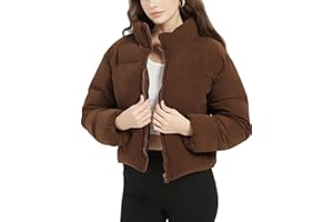 Flygo Womens Cropped Corduroy Puffer Jacket Winter Jackets Warm Long Sleeve Zip Quilted Down Puffer coat
