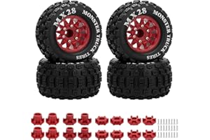 DAITOKU 2.8" RC Tires with 12mm/14mm Hex Adapter 1/10 Scale RC Truck Tires RC Wheels and Tires Set for Traxxas Arrma Rustler Stampede 4PCS (Red) - Not Glued