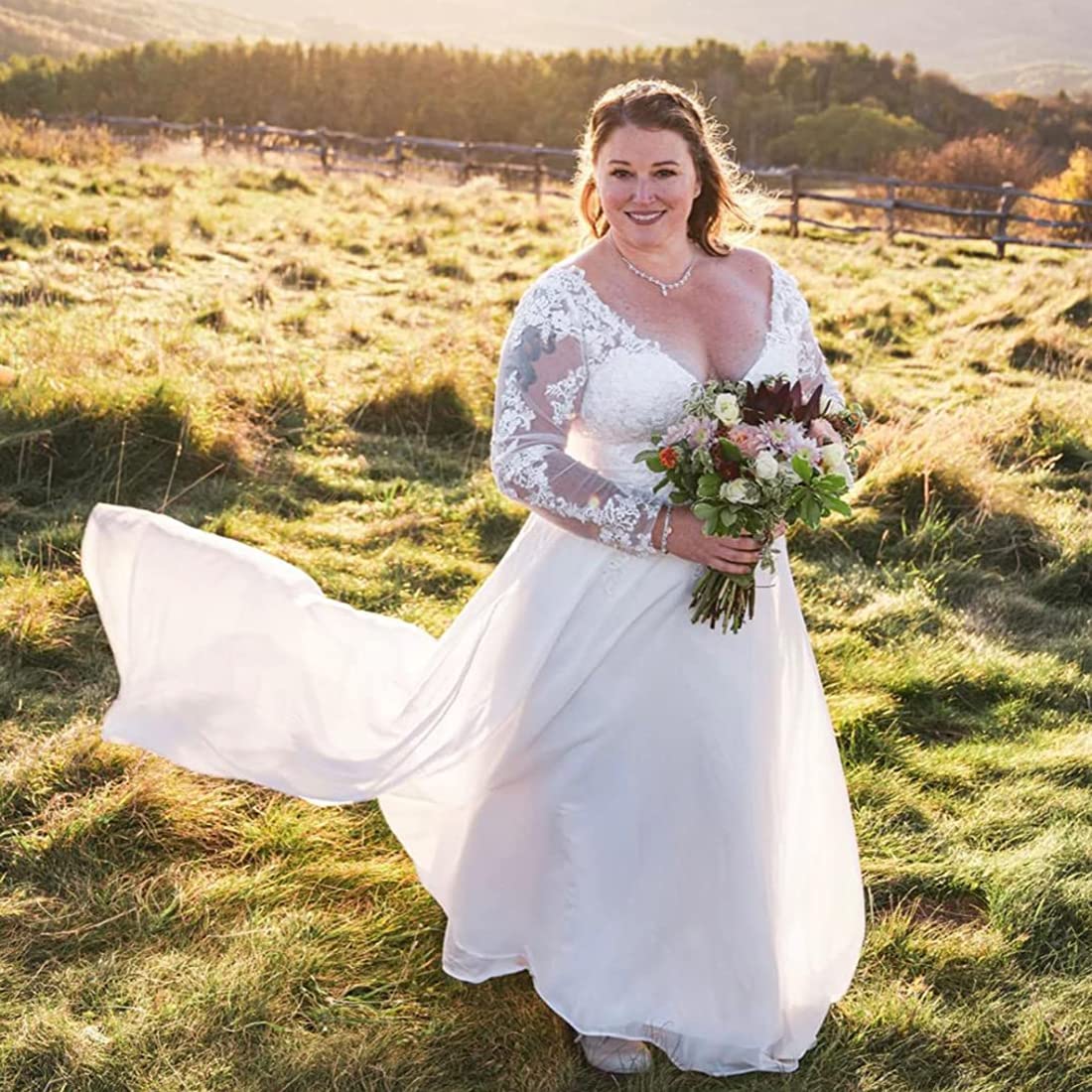 Findlovewedding Wedding Dresses for Bride with Lace Appliques Chiffon A Line Women Dress Long Sleeves Beach Bride Dress