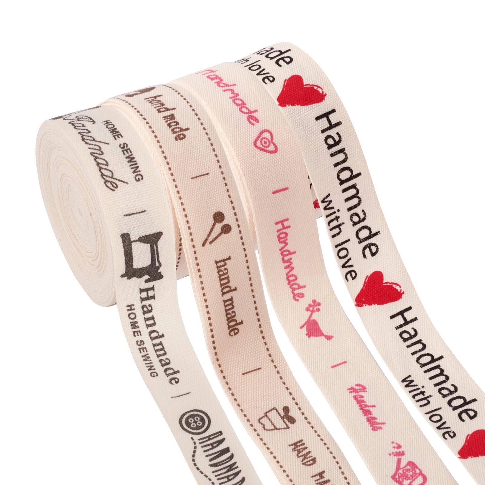Beadthoven 20 Yards Cotton Ribbon, 5/8 inch Width Handmade with Love Ribbon Heart Printed Woven Cotton Sewing Ribbon Embroidered Labels Gift Present Package Supply (4 Bundles)