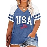 Plus Size Tops American Flag Shirts Womens V Neck Patriotic Tshirt USA Graphic Tee 4th of July T-Shirt