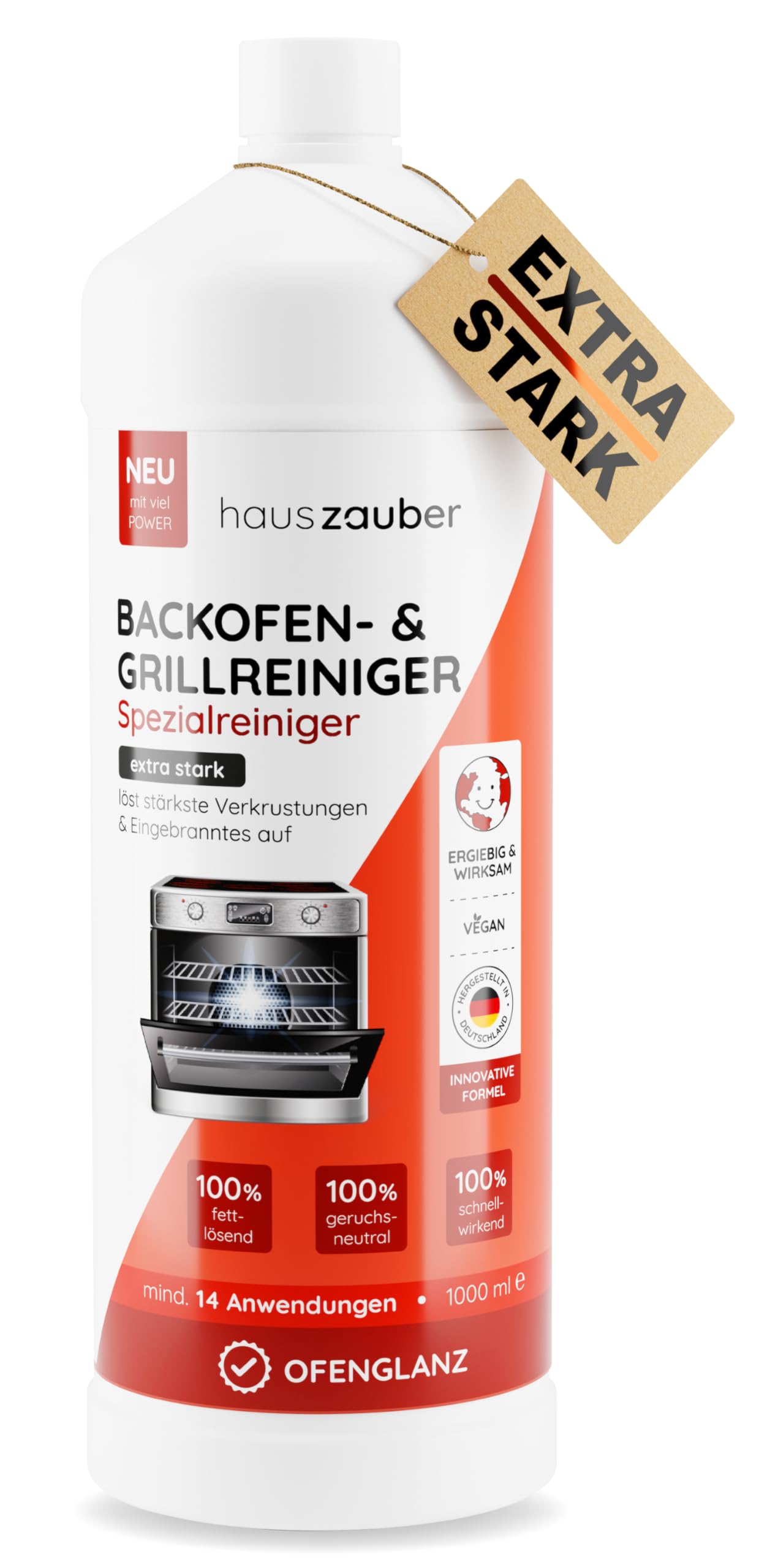 hauszauber - Backofenreiniger [EXTRA STARK] 1000 ml Grillreiniger Gelpaste - Löst starke Verkrustungen, Eingebranntes, Fettlöser - Ohne Aufheizen, Gerüche oder Schrubben