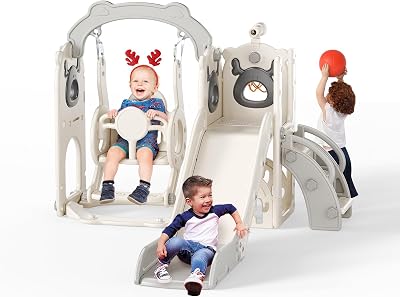 Krovtoy 6-in-1 Toddler Playground Elk Slide Swing Set Baby 1-3 Years Beige Grey