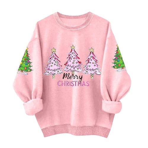 Ladies Xmas Jumper Pink Christmas Jumpers Christmas Jumpers for Women Xmas Tree Santa Claus Sweaters Long Sleeve Crew Neck Sweatshirts Winter Fashion Pullover Novelty Funny Hoodies Pink M