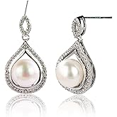 PEARLETTE Pearl Drops Dangle Earrings for Women – Hypoallergenic Sterling Silver Studs with Cubic Zirconia Accents, Elegant Real Cultured Freshwater Pearls Perfect for Daily Wear and Christmas Gifts