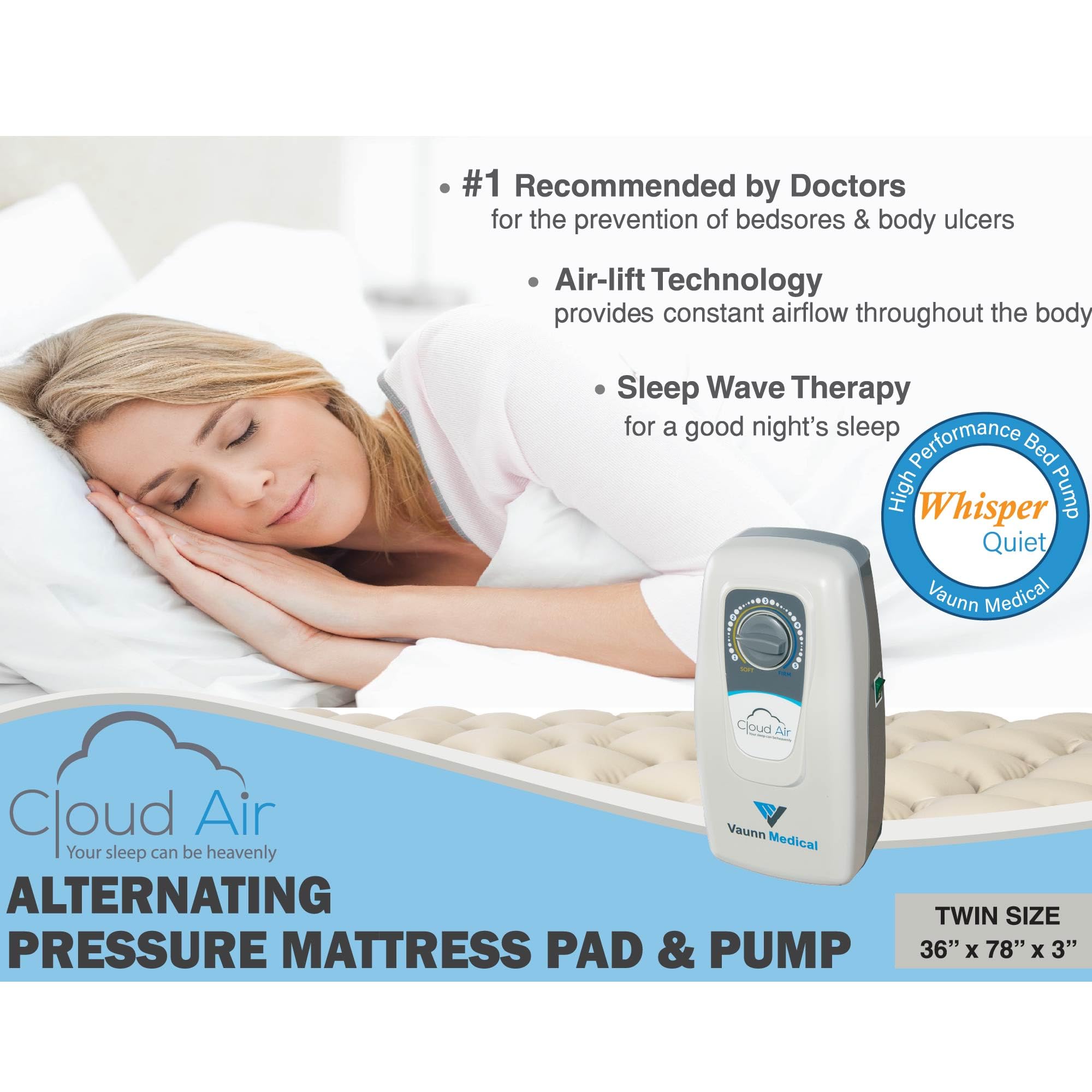 Vaunn Medical Cloud Air Whisper Quiet Alternating Air Pressure Mattress Topper with Pump Twin Size 36