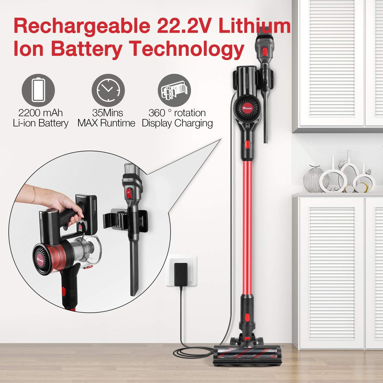 TOCMOC T185 Stick Cordless Vacuum Cleaner 5 in 1 Pro, with 22Kpa 200W Powerful Suction and HEPA H12, Lightweight Quiet for Home, Pet Hair, Hard Floors, Carpet and Car -