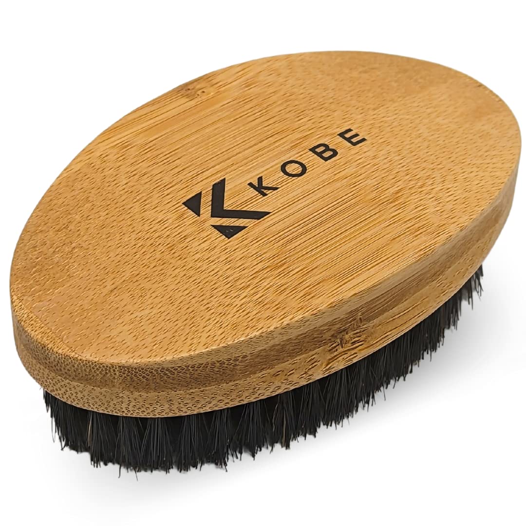 Kobe Palm Men's Military Style Boar Bristle Hair Brush/Beard Brush - Hand Sized Beard Brush for Men - Perfect for Beard Care - Works Well With Beard Oils (Bamboo)