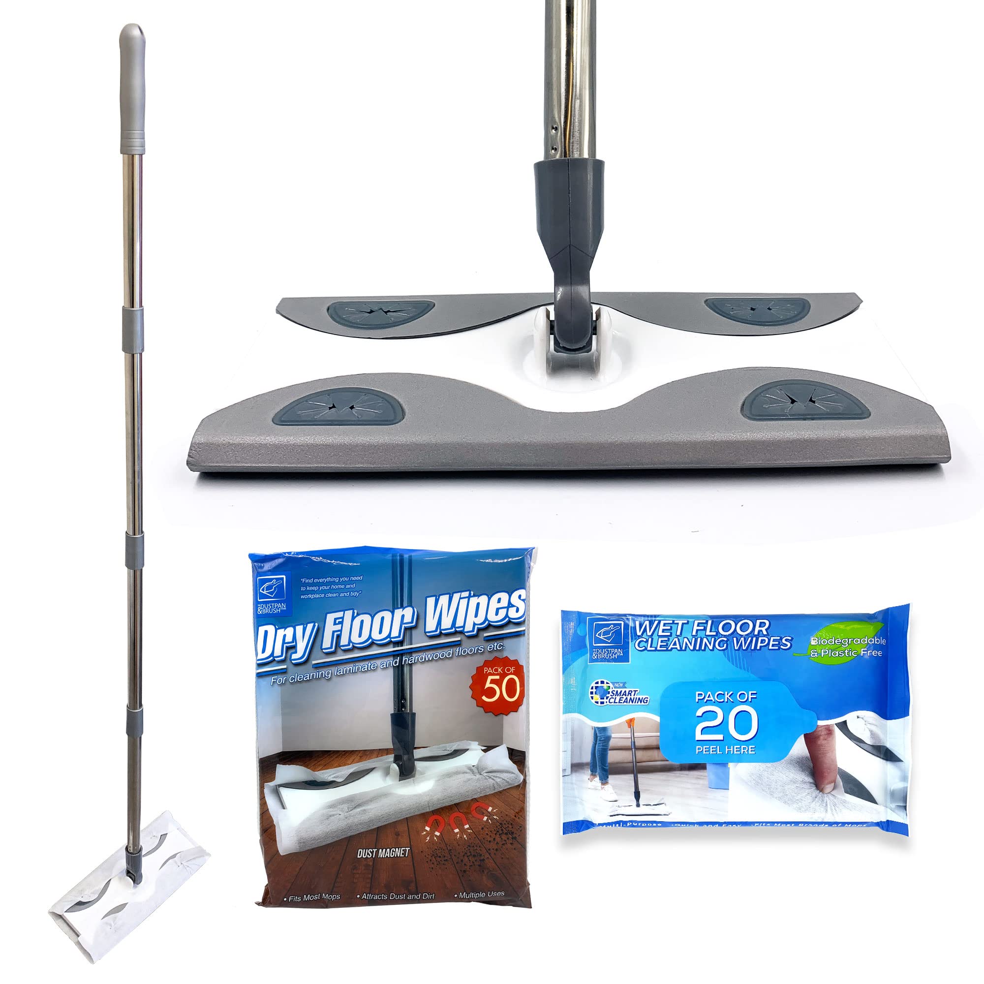 Floor Wipes Mop Starter Kit | Static Swivel Mop for Kitchen Floors | Laminate, Wooden, Tiled, Vinyl Flooring Household Wet & Dry Mops | Includes 1 Pack Each of Wet and Dry Floor Wipes