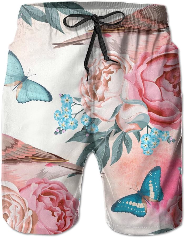 Man Fashion Pink Flowers And Birds Waist Shorts