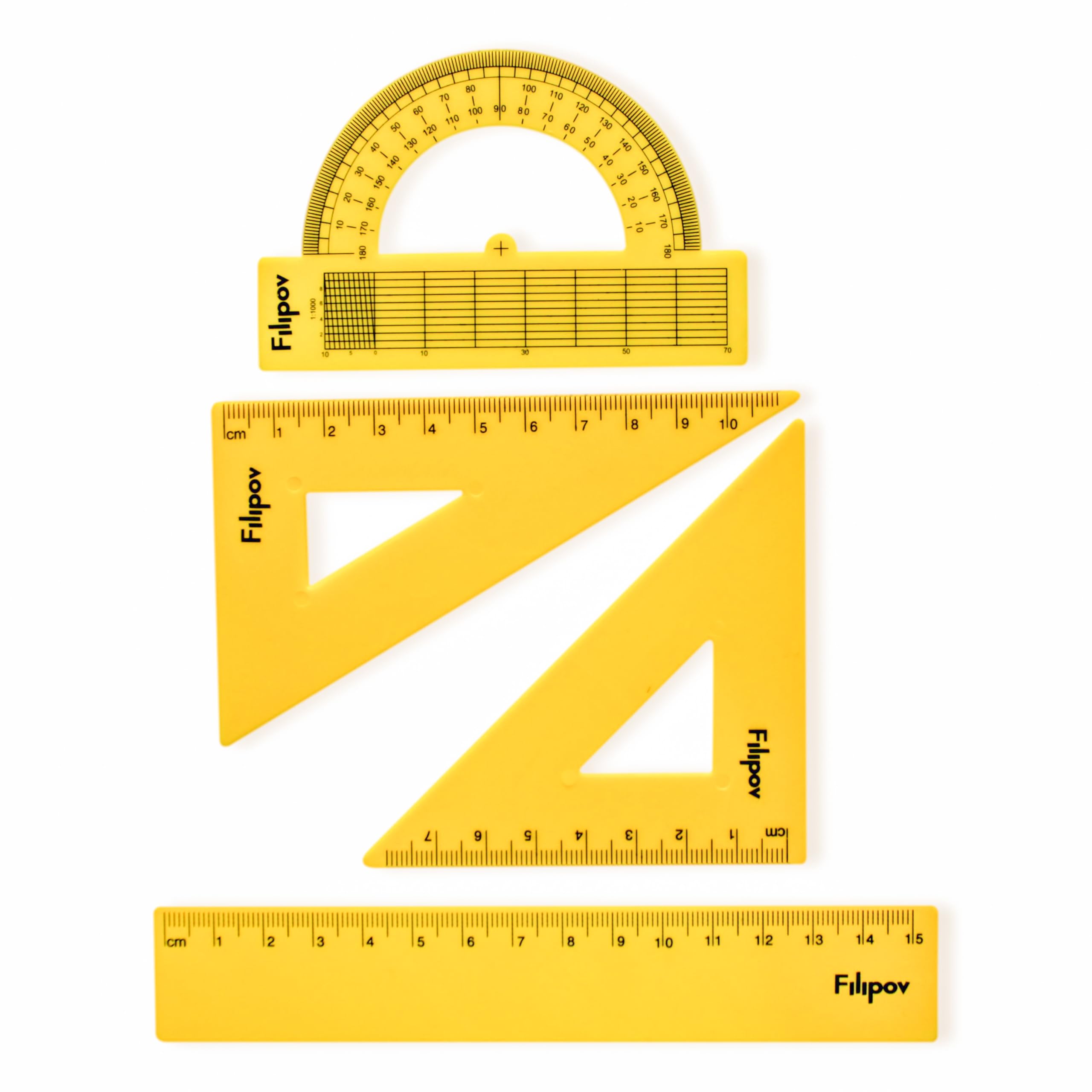 Geometry Set of 4, Drawing Set Triangle 45°/125 cm, Triangle 60°/115 cm, Ruler 15 cm and Protractor/Yellow/