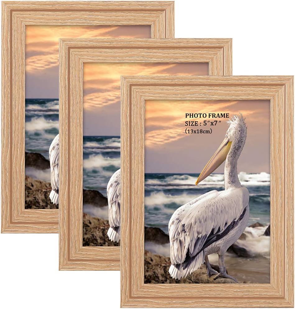 Metrekey 5x7 Picture Frames 3 Pack Oak Rustic WoodGrain Photo Frames with GLASS Front for Wall Mount & Table Top Display