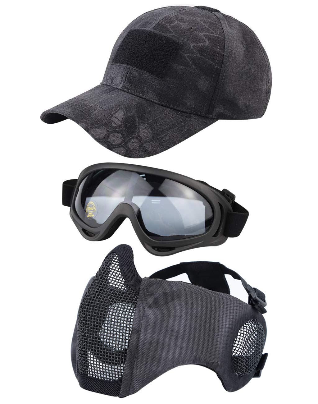 Hodeacc 3 Pcs Tactical Airsoft Mask Goggles Baseball Cap Set,Adjustable Half Face Mesh Mask with Ear Protection,Airsoft Glasses Eye Protection Outdoor Hat for Outdoor BB/CS Game