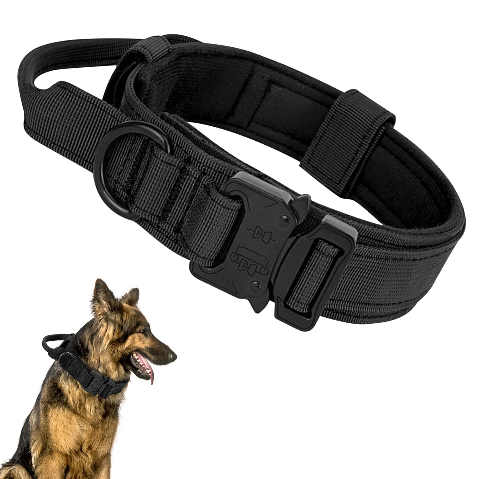 Ledeak Tactical Dog Collar, Padded Breathable Soft Nylon Pet Collar with Heavy-Duty Metal Buckle, Adjustable Basic Military Dog Collar with Handle for Medium Large Dogs (M, Black)
