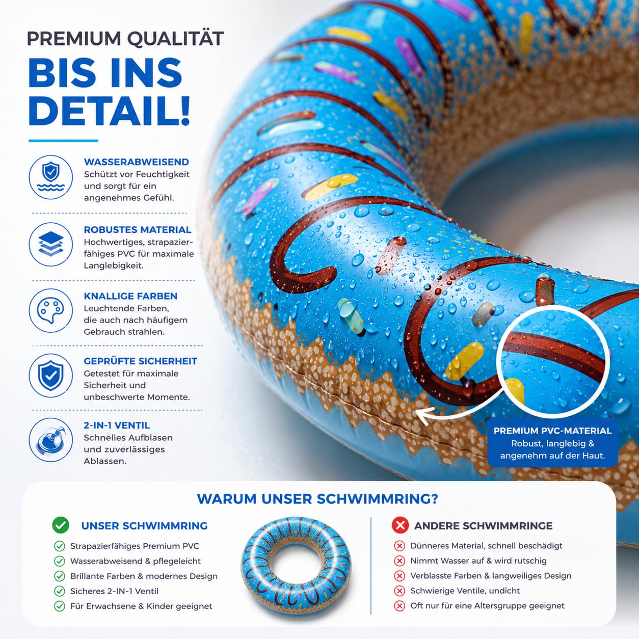 Aufblasbar Donut Schwimmring blau Ø 120 cm mit Biss - Schwimmreifen Pool & Wasser, für Erwachsene & Kinder (Donut blau) 9