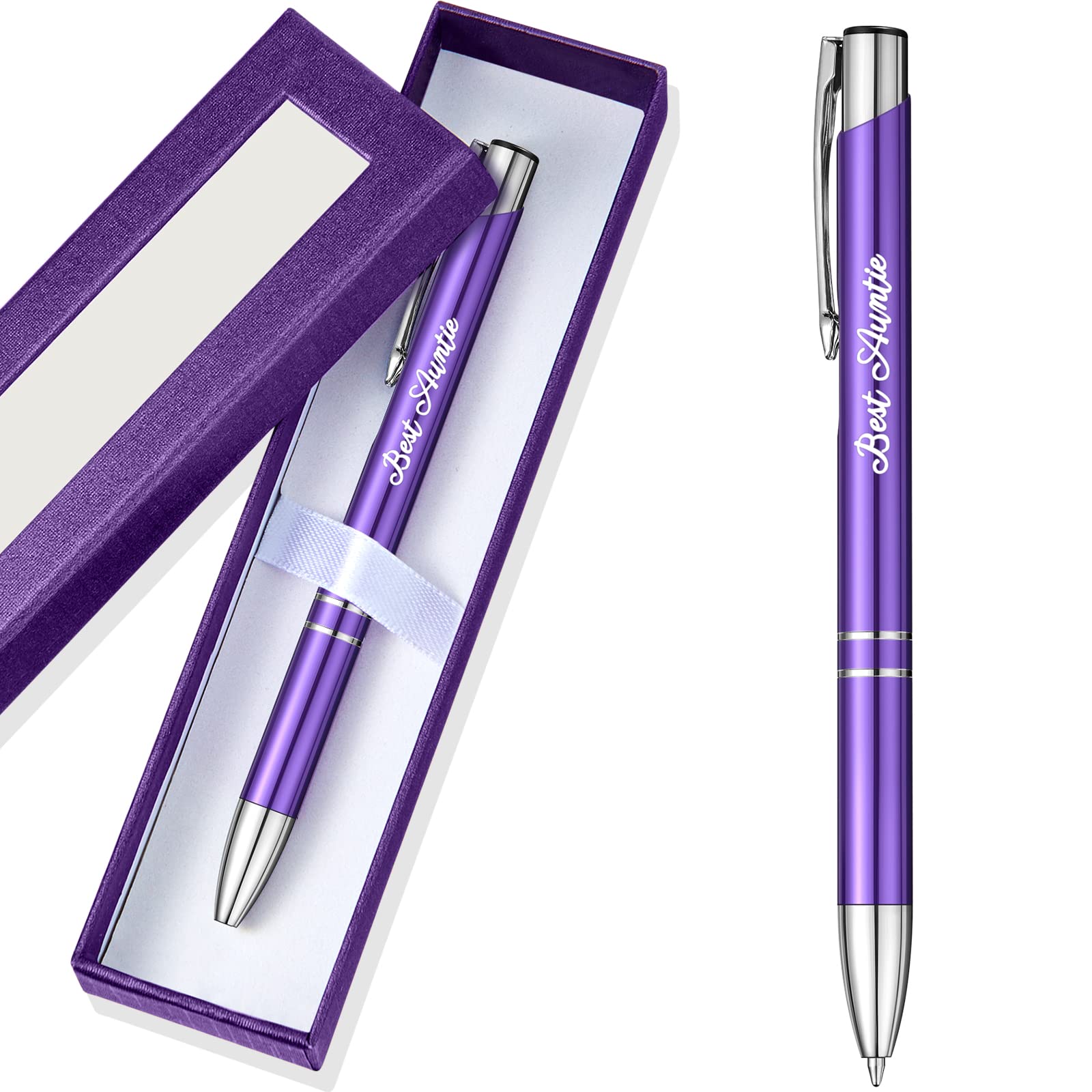 Tenare Best Auntie Pen with Beautiful Gift Box, Christmas Auntie Gifts Engraved Metal Ballpoint Purple Pen Black Ink Business Signature Office Supplies for Women Birthday Thank You Aunt Presents