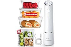 Chef Preserve Compact Vacuum Sealer for Food (Vacuum Sealer Machine + 3 Glass Vacuum Containers + 30 Reusable Vacuum Bags) Po