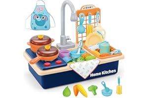 Amagoing Kitchen Play Sink Toys, Kids Sink Toys with Running Water, Toddler Electronic Dishwasher with Cooking Stove Accessories, Dish Rack, Pot and Pan, Pretend Role Play Gift for Boys Girls